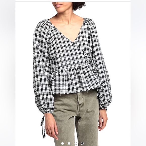 TOPSOP Blouses shirt wrap black white tie v-neck long sleeves plaid boho 10 NWT - Picture 1 of 4